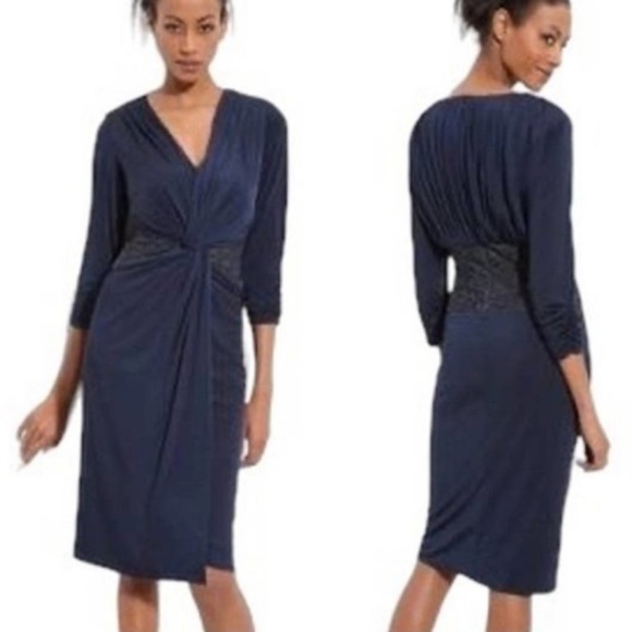 Tadashi Shoji Dresses & Skirts - Tadashi Shoji Navy Blue Twist Front Beaded Lace Panel Dress - Size XS